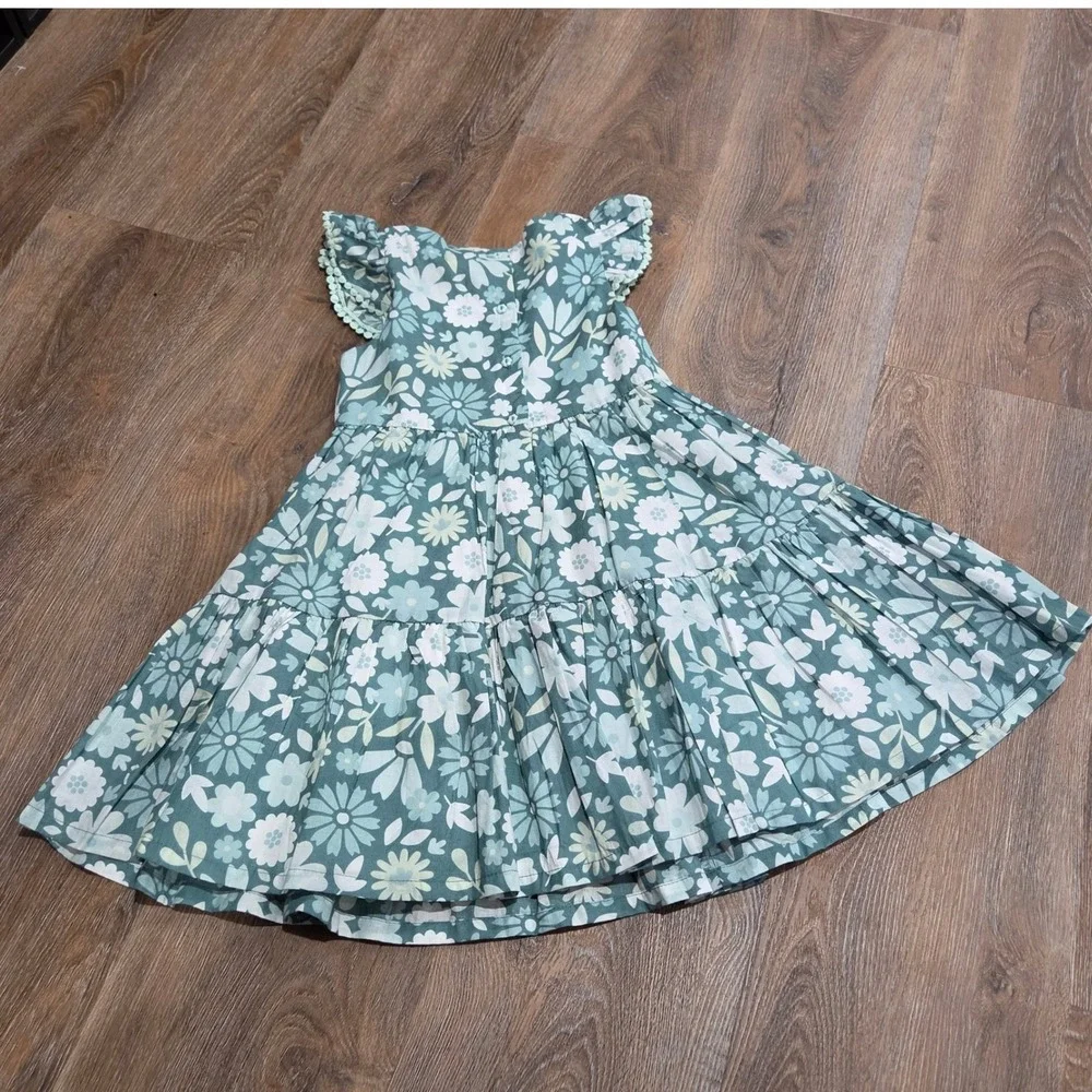 Joie Girls Floral Tiered Dress Teal White Cotton Ruffle Pom Pom Size 6 NEW